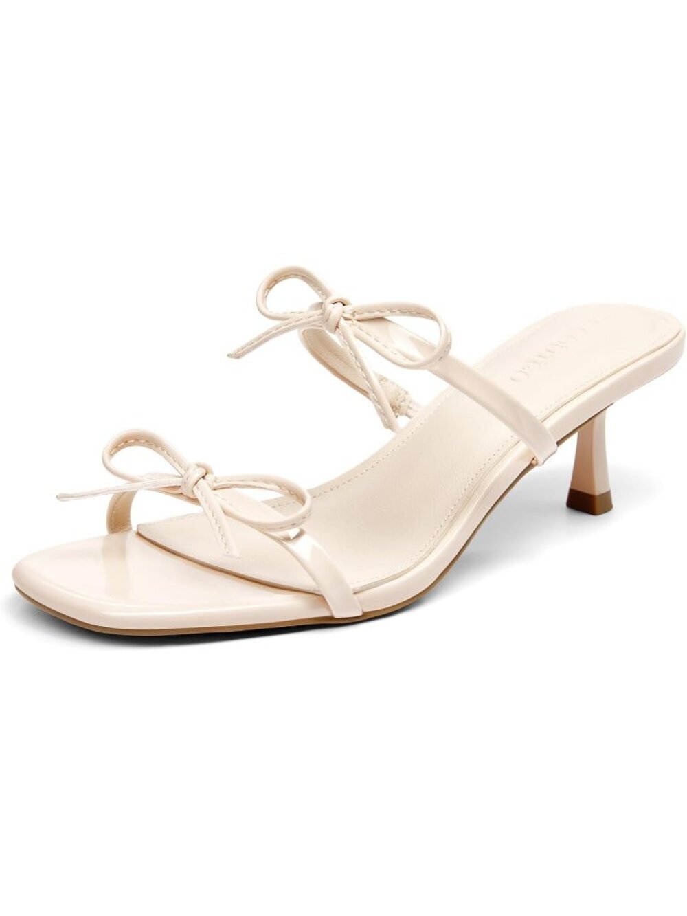 Women's Kitten Heels Bow Square Beige Open Toe Slides Two Strap Slip On Heels